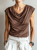 Women's Retro Casual Solid Color Duffle Neck Sleeveless Tank Top ZMZ1047F2ZJY