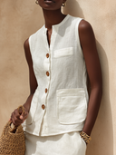 Women's Simple Cotton Linen Stand Collar Sleeveless Shirt ZMZ1053F9XT