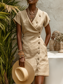 Women's Solid-Color V-Neck Cotton-Linen Casual Mini Dress ZMZ1070F2XT