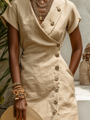 Women's Solid-Color V-Neck Cotton-Linen Casual Mini Dress ZMZ1070F2XT