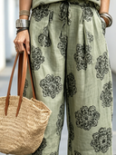 Women's Casual Floral-Print Cotton-Linen Cropped Pants ZMZ1059F0XT