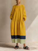 Women's Cotton-Linen Color-Block Panel Maxi Dress With Round Neck ZMZ1043F7XT