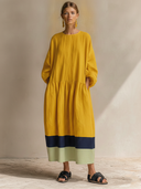 Women's Cotton-Linen Color-Block Panel Maxi Dress With Round Neck ZMZ1043F7XT