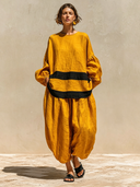 Women's Color Block Round Neck Long Sleeve Trousers Cotton Linen Two-Piece Set ZMZ1026F7XT