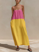 Women's Color-blocked Cotton And Linen Camisole Loose-fitting Vacation Maxi Dress ZMZ1094F0XT