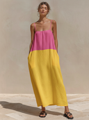 Women's Color-blocked Cotton And Linen Camisole Loose-fitting Vacation Maxi Dress ZMZ1094F0XT