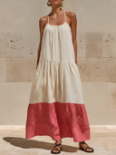 Women's Vacation Strappy Linen Color Block Maxi Dress ZMZ1055F3XT