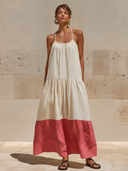 Women's Vacation Strappy Linen Color Block Maxi Dress ZMZ1055F3XT