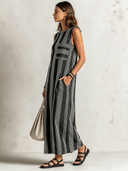 Women's Retro Casual Striped Print Crew Neck Sleeveless Midi Dress ZMZ1007F7ZJY