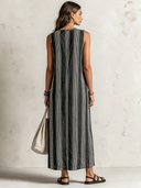 Women's Retro Casual Striped Print Crew Neck Sleeveless Midi Dress ZMZ1007F7ZJY
