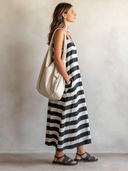 Women's Retro Casual Striped Print Sleeveless Midi Dress ZMZ1056F3ZJY