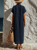 Women's Resort Style Cotton Linen Color Block Notch Neck Caftan Midi Dress ZMZ0922F2YZH