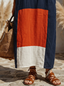 Women's Resort Style Cotton Linen Color Block Notch Neck Caftan Midi Dress ZMZ0922F2YZH