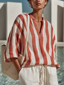 Women's Casual Cotton Linen Stripe Notch Neck Oversized Blouse ZMZ1013F9YZH