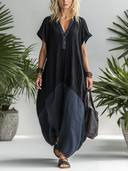 Women's Casual Black & Dark Blue Color-Block V-Neck Short-Sleeve Maxi Dress ZMZ1055F6SWL
