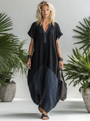 Women's Casual Black & Dark Blue Color-Block V-Neck Short-Sleeve Maxi Dress ZMZ1055F6SWL