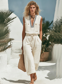 Women's Classic Nautical Style V-neck Sleeveless Top And Pants Set ZMZ1082F5SWL