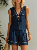 Women's Casual Navy Cotton-Linen V-Neck Sleeveless Top And Shorts Set ZMZ1058F0SWL