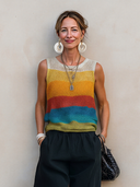 Women's Stylish Casual Vacation Color-Block Crew Neck Sleeveless Knit Top ZMZ1056F6ZYY
