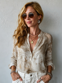 Women's Retro Pattern Chiffon Long-Sleeved Henley Shirt