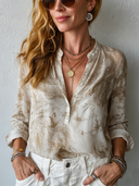 Women's Retro Pattern Chiffon Long-Sleeved Henley Shirt
