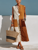 Women's Boho Artisan Style Cotton Linen Color Block Sleeveless Button-Down Midi Dress ZMZ1000F3YZH