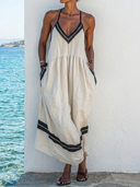 Women's Boho Style Premium Linen Halter Neck Contrast Trim Tiered Maxi Dress ZMZ1079F5YZH
