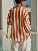 Women's Casual Cotton Linen Stripe Notch Neck Oversized Blouse ZMZ1013F9YZH