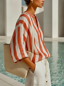 Women's Casual Cotton Linen Stripe Notch Neck Oversized Blouse ZMZ1013F9YZH