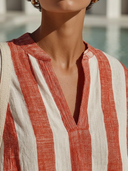 Women's Casual Cotton Linen Stripe Notch Neck Oversized Blouse ZMZ1013F9YZH
