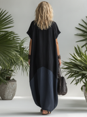 Women's Casual Black & Dark Blue Color-Block V-Neck Short-Sleeve Maxi Dress ZMZ1055F6SWL