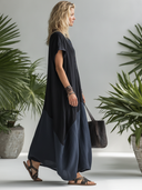 Women's Casual Black & Dark Blue Color-Block V-Neck Short-Sleeve Maxi Dress ZMZ1055F6SWL