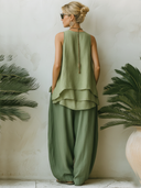 Women's Classic Green Cotton-Linen Sleeveless Top And Wide-Leg Pants Set ZMZ0374F7SWL