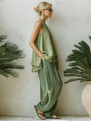 Women's Classic Green Cotton-Linen Sleeveless Top And Wide-Leg Pants Set ZMZ0374F7SWL