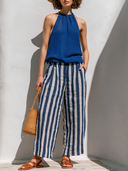Women's Coastal Casual Style Knit Halter Top & Cotton Linen Stripe Wide Leg Pants Set ZMZ1157F3YZH