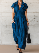 Women's Casual Vintage Lapel Short-Sleeve Cotton-Linen Maxi Dress ZMZ1127F9ZYY