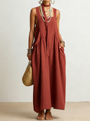 Women's Casual Vintage Square-Neck Sleeveless Cotton-Linen Loose Maxi Dress With Pockets ZMZ1112F7ZYY