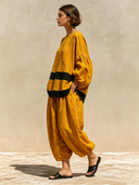 Women's Color Block Round Neck Long Sleeve Trousers Cotton Linen Two-Piece Set ZMZ1026F7XT