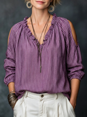 Women's Casual Vintage V-Neck Off-Shoulder Vertical-Stripe Cotton-Linen Shirt ZMZ1197F8ZYY