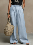 Women's Casual Fashionable Vertical Stripes Cotton-Linen Loose Wide-Leg Pants  ZMZ1100F2ZYY