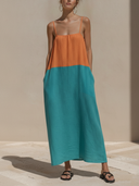 Women's Color-blocked Cotton And Linen Camisole Loose-fitting Vacation Maxi Dress ZMZ1094F0XT