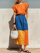 Women's Casual, Stylish, Resort-style Cotton-linen Round-neck Short-sleeve T-shirt And Color-block Paneled Skirt With An Elastic Waist Set ZMZ1163F2ZYY