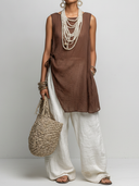 Women's Casual Vintage Cotton-Linen Sleeveless Crew-Neck T-Shirt And Wide-Leg Pants Set ZMZ1119F6ZYY