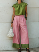 Women's Casual Resort-Style Cotton-Linen Set: Crew-Neck Short-Sleeve T-Shirt And Color-Block Wide-Leg Pants ZMZ1102F3ZYY