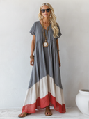 Women's Casual Cotton-Linen Color-Block V-Neck Loose Maxi Dress ZMZ1174F8SWL