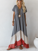 Women's Casual Cotton-Linen Color-Block V-Neck Loose Maxi Dress ZMZ1174F8SWL