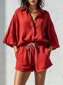 Women's Casual Resort-Style Cotton-Linen Set: Flared-Sleeve Shirt And Elastic-Waist Mini Shorts ZMZ1174F0ZYY