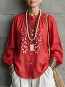 Women's Premium Vintage Tencel-Cotton-Linen Embroidered Mandarin Collar Lantern-Sleeve Shirt  ZMZ1181F8ZYY