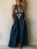 Women's Classic Navy Blue Cotton Linen Deep V-neck Embroidered Sleeveless Maxi Dress ZMZ1139F8SWL