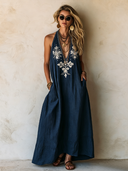 Women's Classic Navy Blue Cotton Linen Deep V-neck Embroidered Sleeveless Maxi Dress ZMZ1139F8SWL